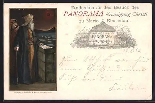 Lithographie Einsiedeln, Maria Einsiedeln, Andenken an den Besuch des Panorama, Kreuzigung Christi, Rundbau