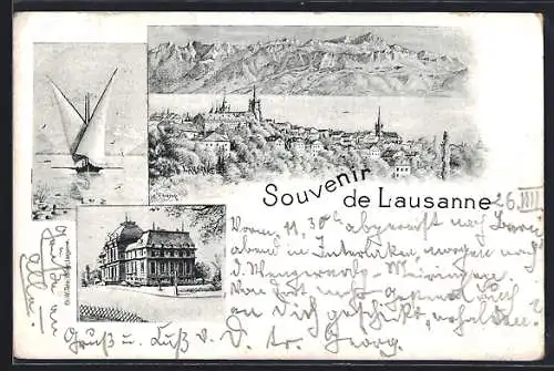 Lithographie Lausanne, Ortsansicht mit Kirche und Segelboot