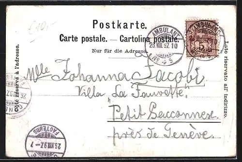 Lithographie Lausanne, Ortsansicht mit Kirche und Segelboot