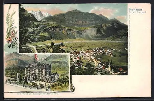 Künstler-AK Meiringen, Ortsansicht aus der Vogelschau und Grand Hotel du Sauvage