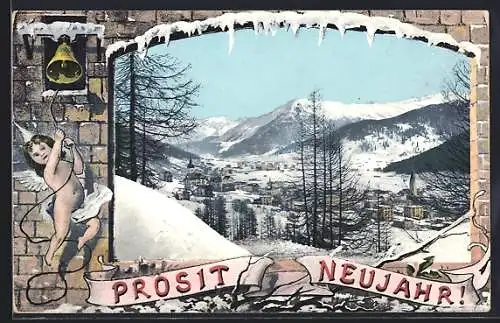 AK Davos, Ortsansicht im Winter, Winter-Passepartout mit nacktem Engelchen