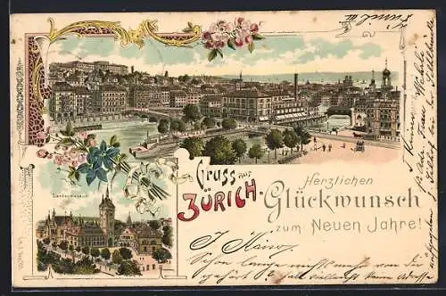 Lithographie Zürich, Ortsansicht mit Flussbrücke, Landesmuseum
