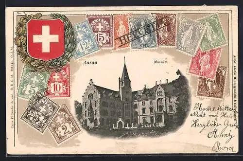 AK Aarau, Museumsgebäude, geprägtes Passepartout mit Schweizer Wappen und Briefmarken