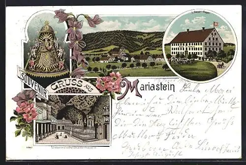 Lithographie Mariastein, Unterirdische Gnadenkapelle, Hotel Kreuz, Gnadenbild, Ortsansicht