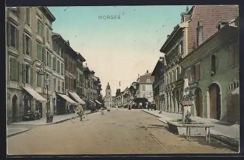 AK Morges, Strassenpartie mit Kirche