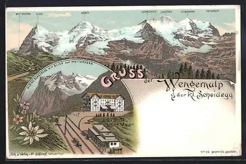 Lithographie Kleine Scheidegg, Blick auf Wetterhorn, Hotel, Bahnhof um 1900