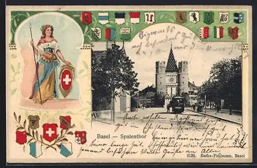 AK Basel, Strassenpartie am Spalentor mit Strassenbahn, geprägte Wappen und Helvetia