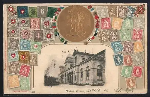 Passepartout-AK Baden, Kasino, geprägtes Tell-Denkmal und Schweizer Briefmarken