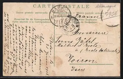 Passepartout-AK Baden, Kasino, geprägtes Tell-Denkmal und Schweizer Briefmarken