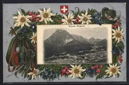 Passepartout-AK Schuls-Vulpera, Ortsansicht aus der Vogelschau, Bergsteiger-Ausrüstung und Edelweiss