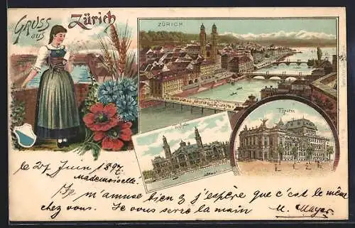 Lithographie Zürich, Panorama, Theater, Tonhalle, Frau in Tracht, Mohn, Wappen, Roggen
