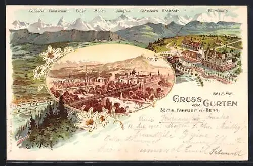 Lithographie Gurten, Ortspartien aus der Vogelschau, Alpenpanorama