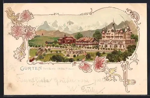 Lithographie Gurten bei Bern, Blick auf Hotel mit Bergen