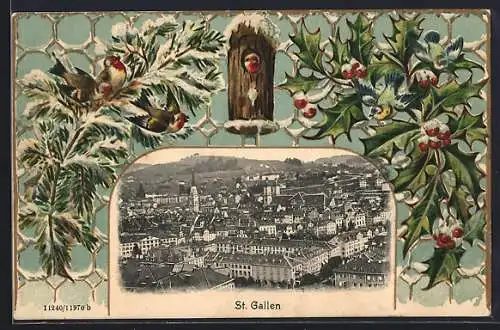 AK St. Gallen, Ortsansicht mit Kloster, Winter-Passepartout