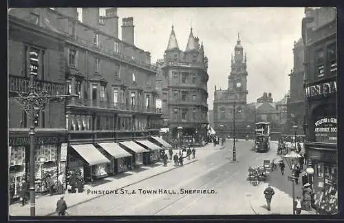 AK Sheffield, Pinstone St. & Townhall, Strassenbahn