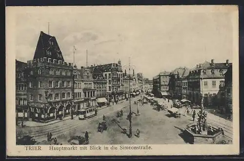 AK Trier, Hauptmarkt mit Simeonstrasse und Strassenbahn aus der Vogelschau