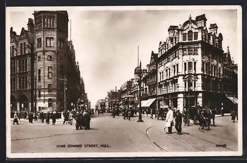 AK Hull, King Edward Street, Strassenbahn