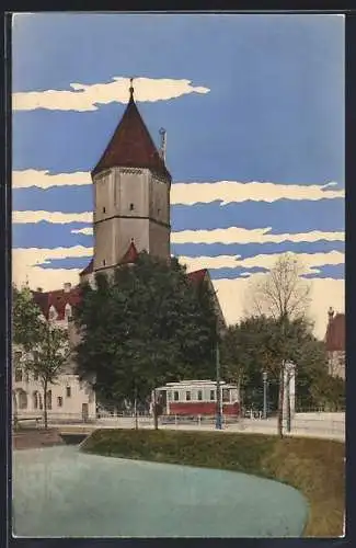 AK Augsburg, Jacobertor mit Strassenbahn, Gewässer u. Brücke