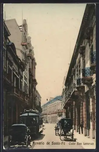 AK Rosario de Santa-Fé, Calle San Lorenzo, Strassenbahn