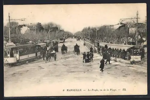 AK Marseille, Le Prado, vu de la Plage, Strassenbahn