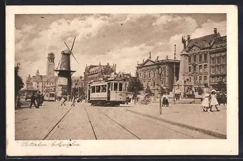AK Rotterdam, Callandplein mit Windmühlen, Denkmal und Strassenbahnen