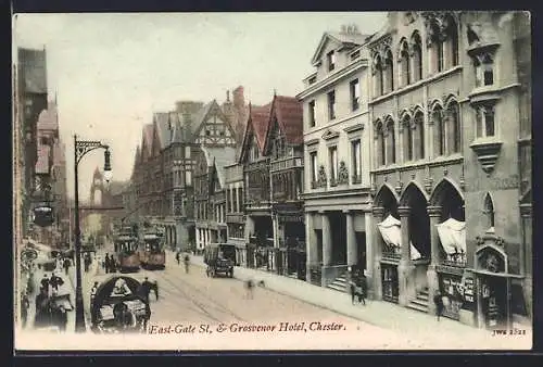 AK Chester, East-Gate St. & Grosvenor Hotel, Strassenbahn