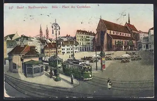 AK Basel, Barfüsserplatz mit Strassenbahnen, Marktständen, Kirche u. Stadtpanorama