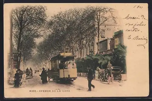 AK Nice, Avenue de la Gare, Strassenbahn