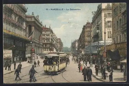AK Marseille, La Cannebière, Strassenbahn