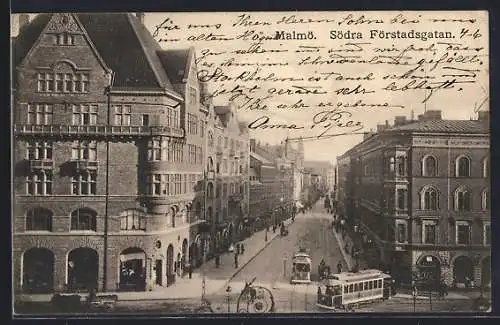 AK Malmö, Södra Förstadsgatan, Strassenbahnen
