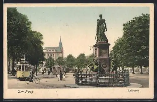 AK Den Haag, Buitenhof, Ortspartie mit Kirche, Denkmal und Strassenbahn
