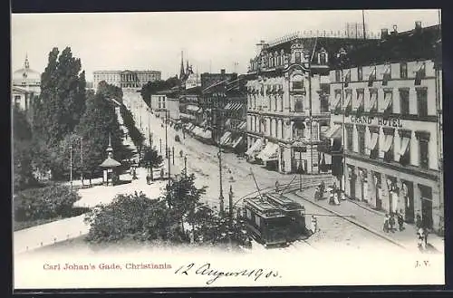 AK Christiania, Carl Johan`s Gade, Grand Hotel, Strassenbahn