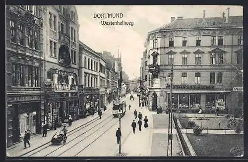 AK Dortmund, Westenhellweg, Strassenpartie mit Geschäften, Anlage und Strassenbahn aus der Vogelschau