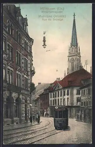 AK Mülhausen /Els., Wildemannsgasse, Strassenpartie mit Strassenbahn und Kirche