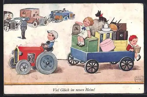 Künstler-AK John Wills: Kinder mit Traktor beim Umzug