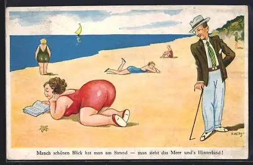 Künstler-AK John Wills: Mann schaut Frau am Strand auf den Hintern