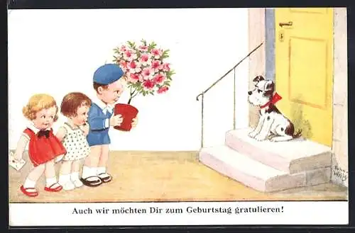 Künstler-AK John Wills: Kleine Gratulanten, Hund vor der Türschwelle