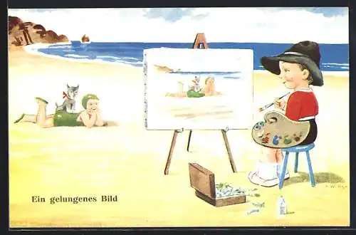 Künstler-AK John Wills: Junge malt Mädchen am Strand