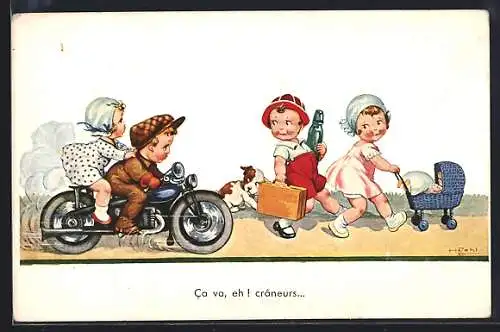 Künstler-AK H. Zahl: Kinder auf einem Motorrad