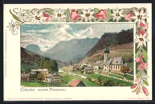 Lithographie Ramsau / Berchtesgaden, Ortspartie mit Kirche, Edelweiss