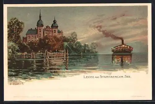 Künstler-AK H. Deuchert: Leoni am Starnberger See, Beleuchteter Dampfer mit Uferpartie