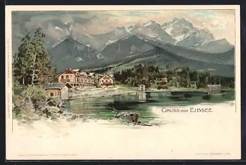 Lithographie Eibsee, Blick auf See und Bergpanorama