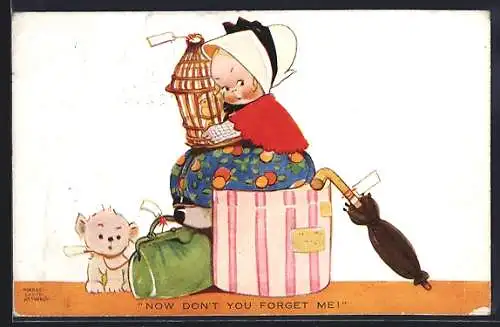 Künstler-AK Mabel Lucie Attwell: Mädchen sitzt auf einer Hutschachtel