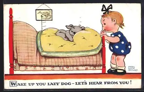Künstler-AK Mabel Lucie Attwell: Mädchen belauscht schlafenden Hund im Bett
