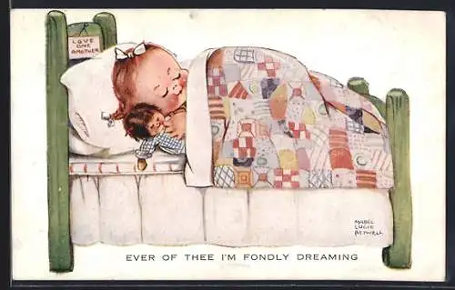 Künstler-AK Mabel Lucie Attwell: Mädchen mit Puppe im Bett