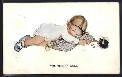 Künstler-AK Mabel Lucie Attwell: Weinendes Mädchen mit kaputter Puppe