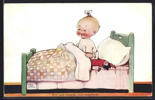 Künstler-AK Mabel Lucie Attwell: Wer spät erwacht, wird ausgelacht - weinendes Kleinkind