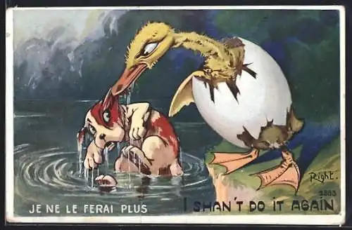 Künstler-AK Right: Ente zieht Hund aus dem Wasser