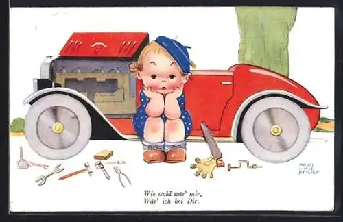 Künstler-AK Mabel Lucie Attwell: Kind vor kaputtem Auto