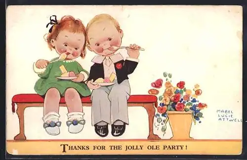 Künstler-AK Mabel Lucie Attwell: Paar sitzt auf einer Bank und isst Eis